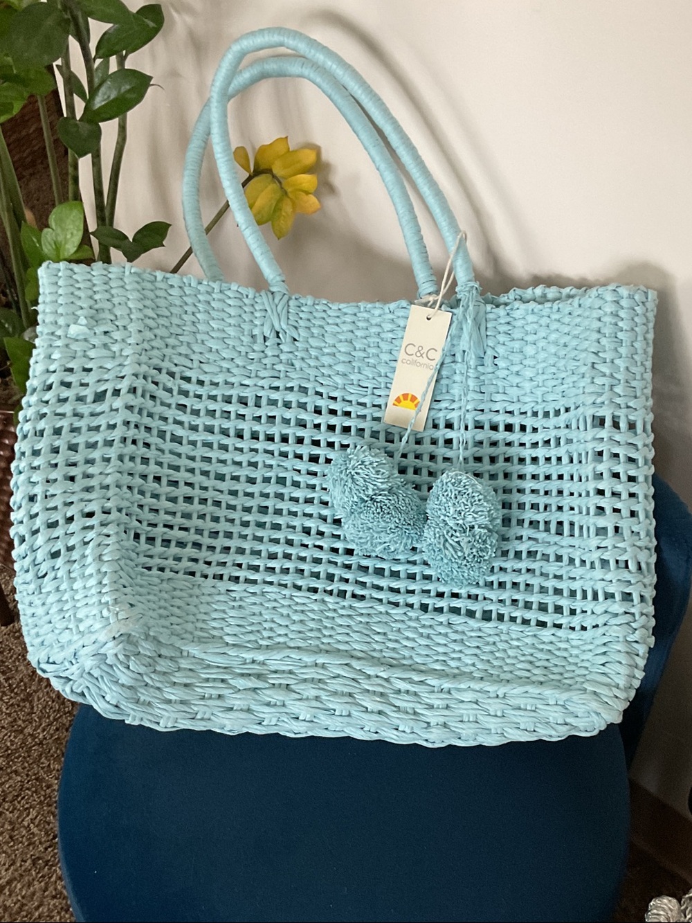 C&C California Light Aqua Woven Pom-Pom Tote